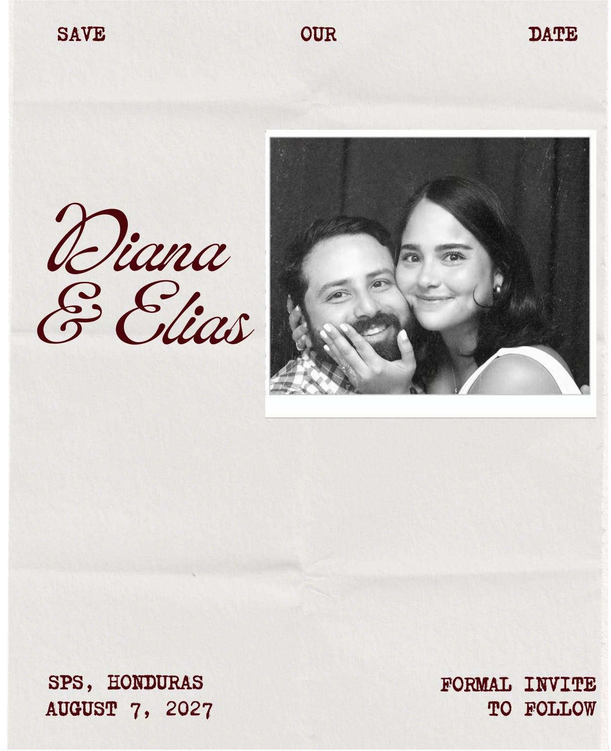 Save our date: Diana and Elias, August 7, 2027, in San Pedro Sula, Honduras. Formal invitation to follow.